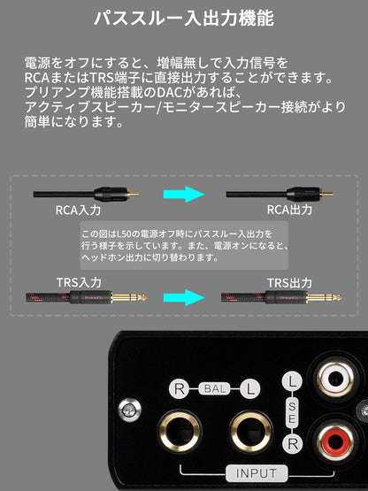 パススルー入出力機能 電源をオフにすると、増幅無しで入力信号をRCAまたはTRS端子に直接出力することができます。 プリアンプ機能搭載のDACがあれば、アクティブスピーカー/モニタースピーカー接続がより簡単になります。