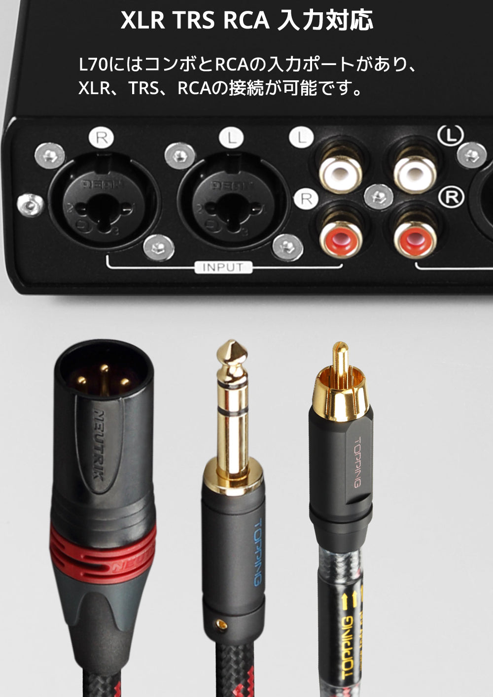XLR TRS RCA 入力対応 L70にはコンボとRCAの入力ポートがあり、XLR、TRS、RCAの接続が可能です。