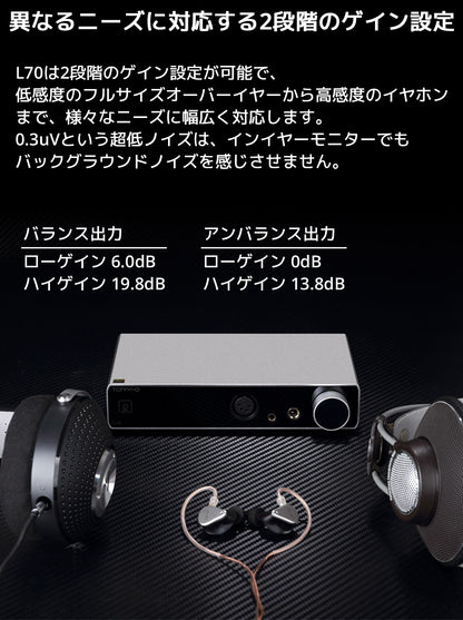 異なるニーズに対応する2段階のゲイン設定 L70は2段階のゲイン設定が可能で、低感度のフルサイズオーバーイヤーから高感度のイヤホンまで、様々なニーズに幅広く対応します。 0.3uVという超低ノイズは、インイヤーモニターでもバックグラウンドノイズを感じさせません。  バランス出力 ローゲイン 6.0dB / ハイゲイン 19.8dB アンバランス出力 ローゲイン 0dB / ハイゲイン 13.8dB