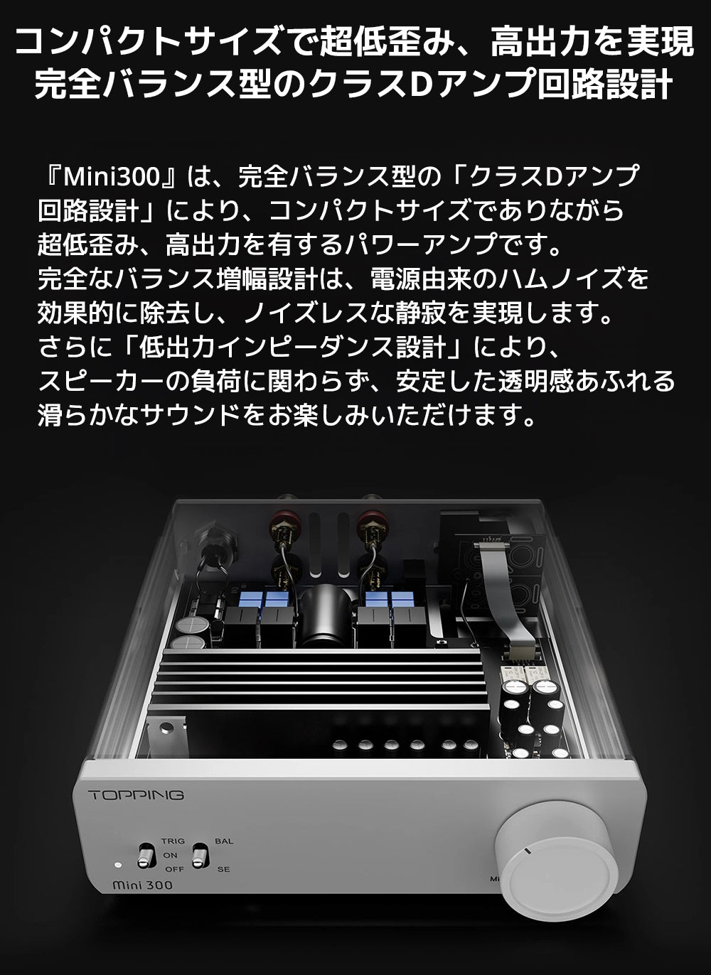 コンパクトサイズで超低歪み、高出力を実現　完全バランス型のクラスDアンプ回路設計

『Mini300』は、完全バランス型の「クラスDアンプ回路設計」により、コンパクトサイズでありながら超低歪み、高出力を有するパワーアンプです。

完全なバランス増幅設計は、電源由来のハムノイズを効果的に除去し、ノイズレスな静寂を実現します。



さらに「低出力インピーダンス設計」により、スピーカーの負荷に関わらず、安定した透明感あふれる滑らかなサウンドをお楽しみいただけます。


