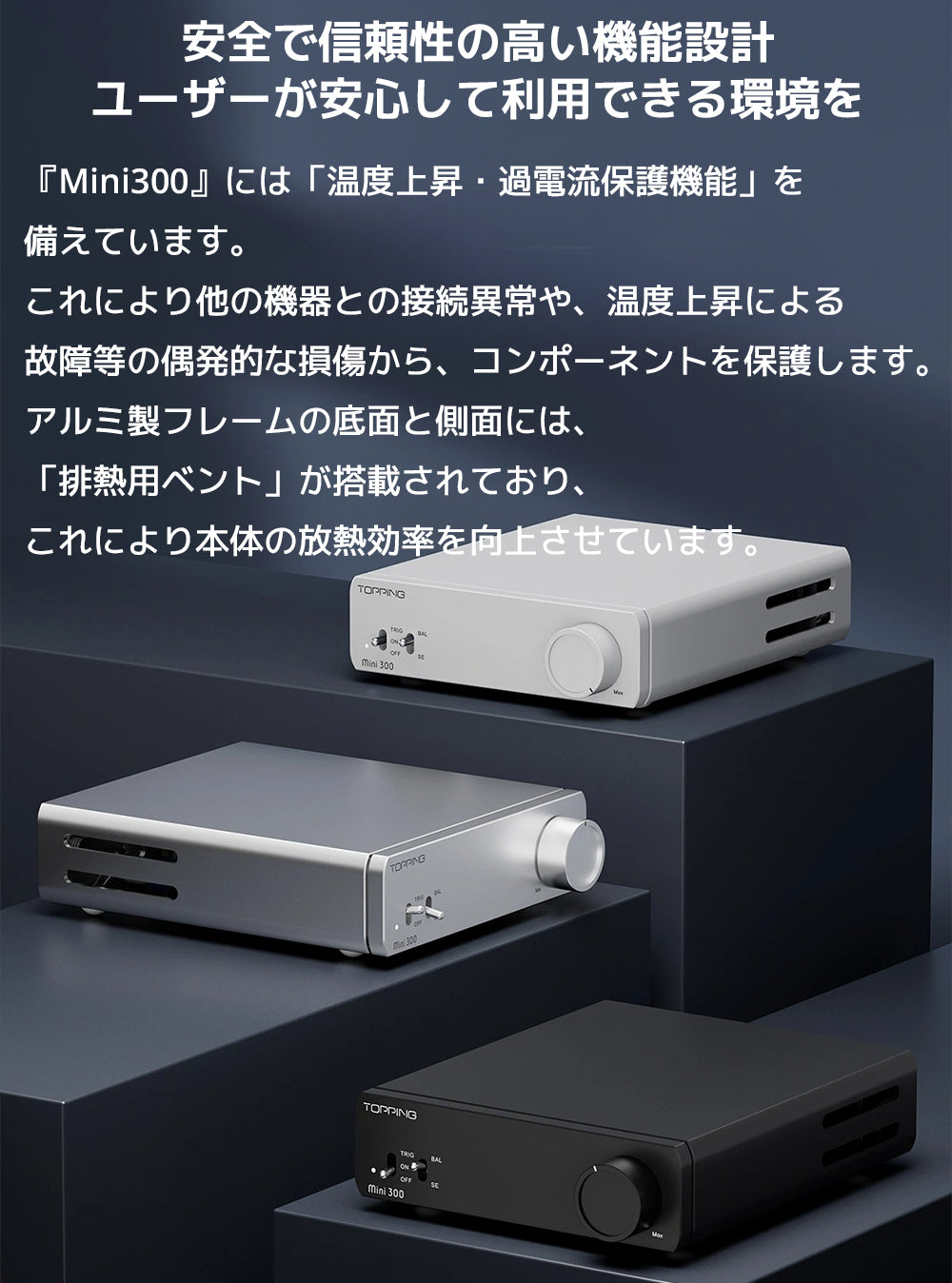 安全で信頼性の高い機能設計　ユーザーが安心して利用できる環境を

『Mini300』には「温度上昇・過電流保護機能」を備えています。

これにより他の機器との接続異常や、温度上昇による故障等の偶発的な損傷から、コンポーネントを保護します。



アルミ製フレームの底面と側面には、「排熱用ベント」が搭載されており、これにより本体の放熱効率を向上させています。

